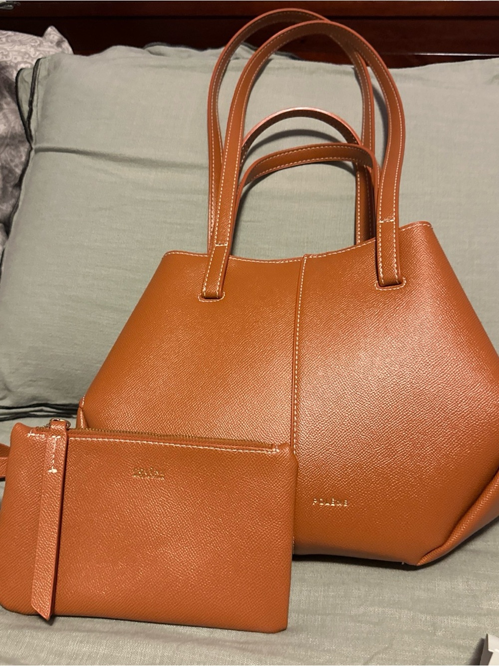 Leather Tote Handbag with Wrist Pouch - Tan